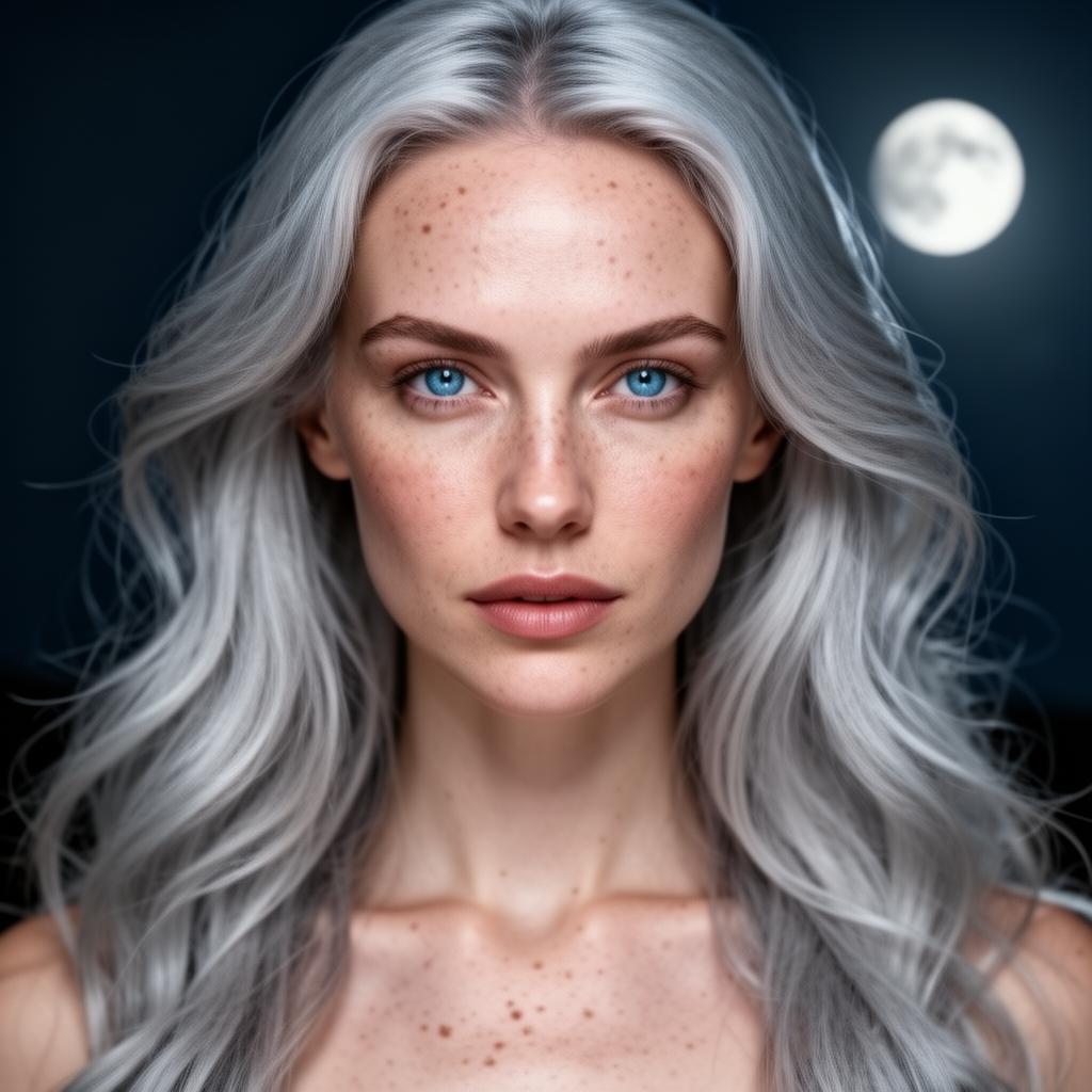 An AI image portrait of a silver or grey woman with long hair hair and blue eyes, with an intense gaze
