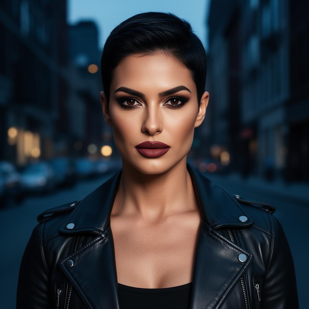 An AI image portrait of a brunette woman with short hair hair and brown eyes, looking confident