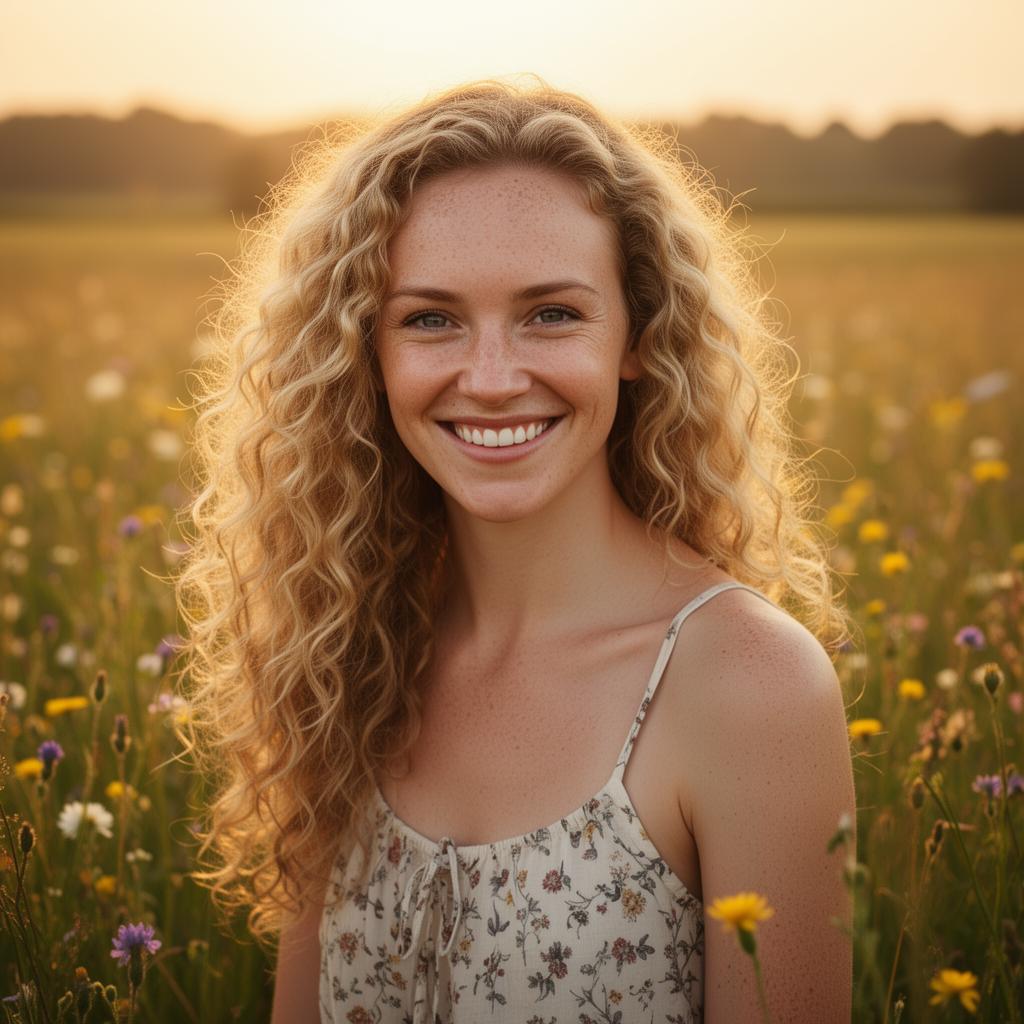 An AI image portrait of a blonde haired woman with long curly hair, blue eyes and freckles, smiling at the camera