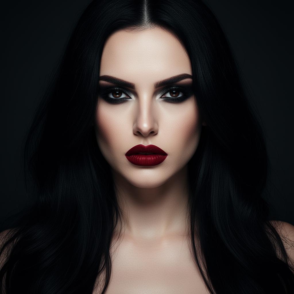 An AI image portrait of a black hair woman with long hair hair and dark eyes, with a serious expression