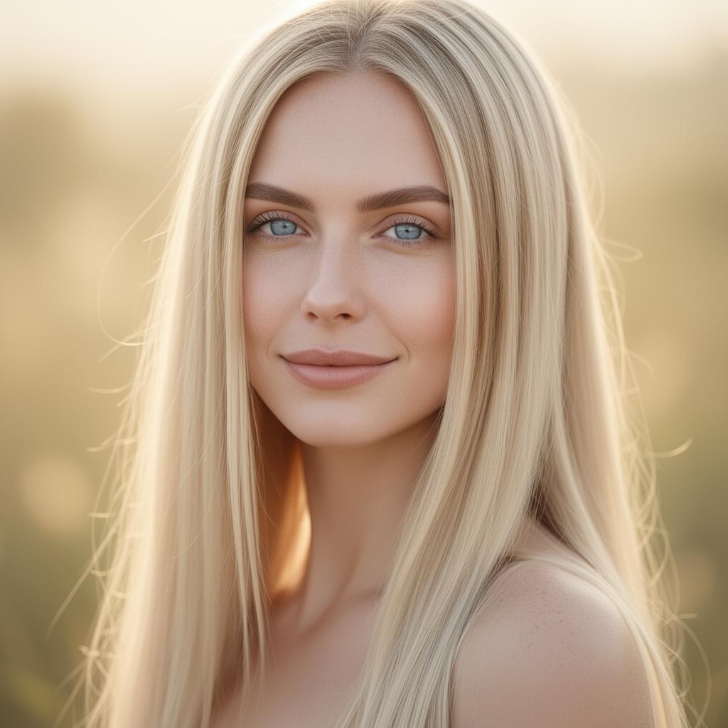 An AI image portrait of a silver or grey woman with long hair straight hair and light eyes, looking relaxed