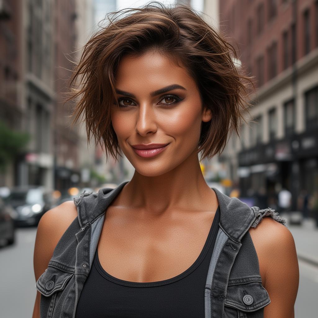 An AI image portrait of a brunette haired woman with short hair and brown eyes, smiling at the camera