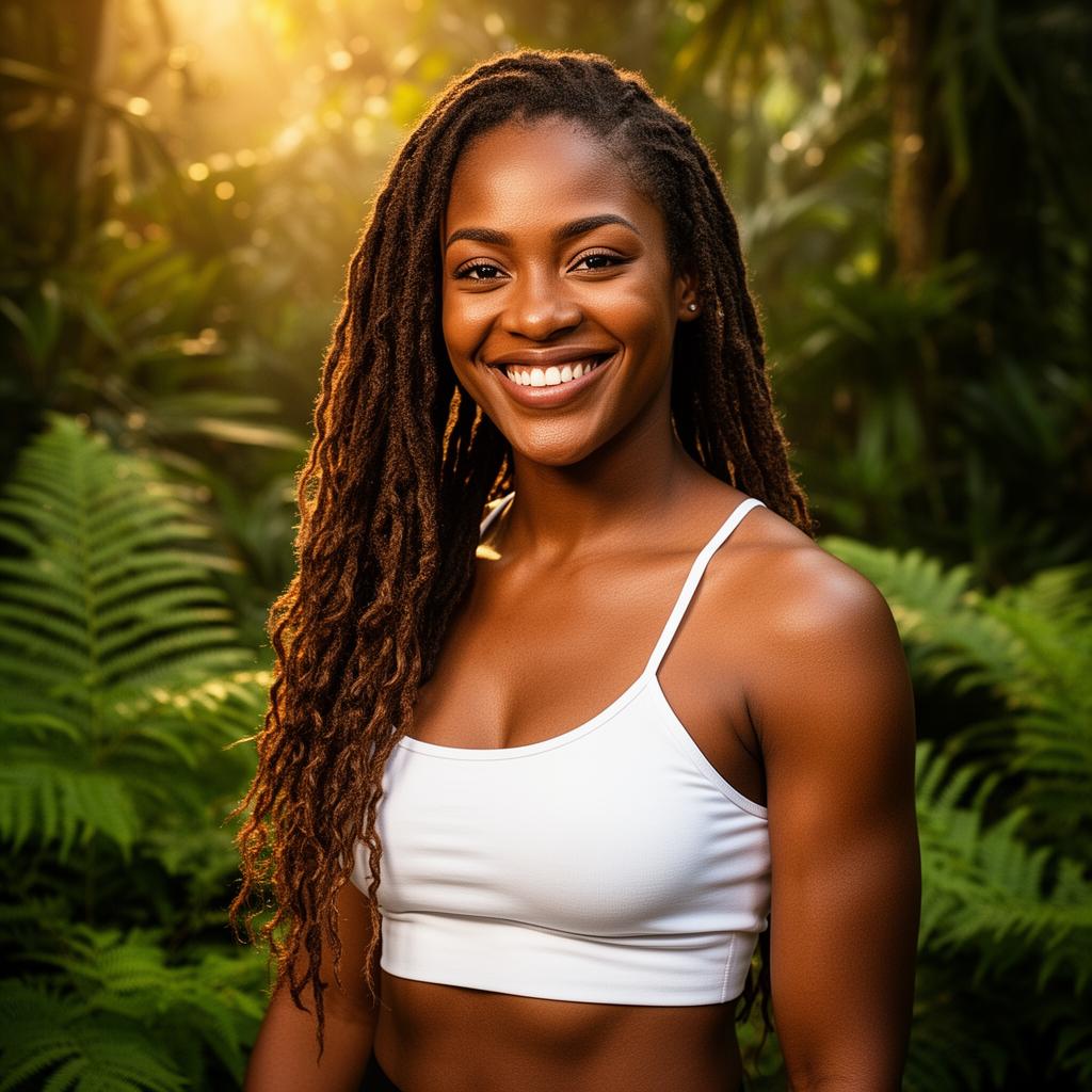 An AI image portrait of a brunette woman with long hair curly hair and dark eyes, smiling at the camera