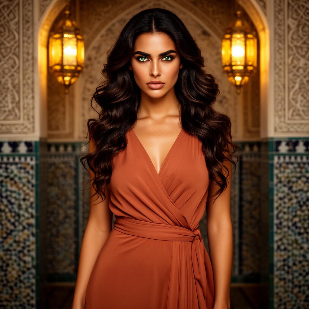 An AI image portrait of a black hair woman with long hair curly hair and green eyes, with a serious expression