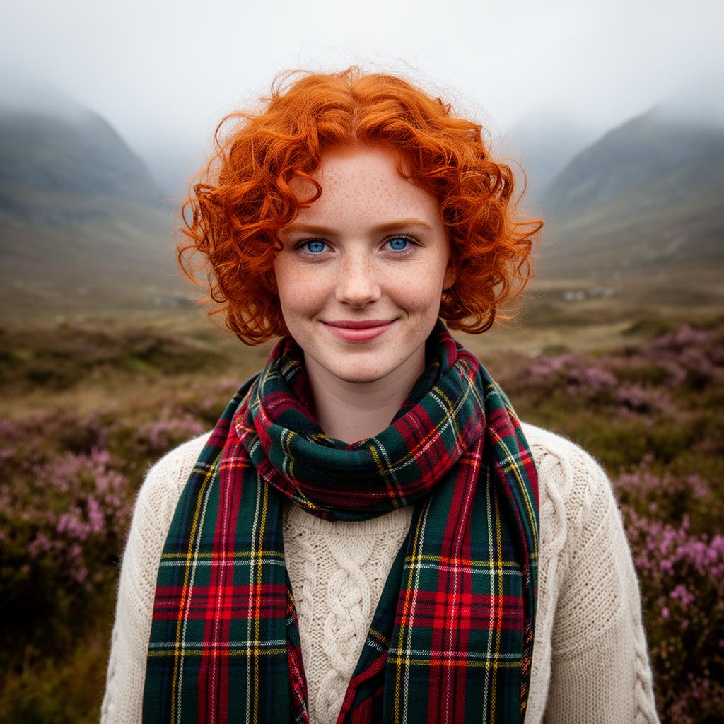 An AI image portrait of a redhead woman with short hair curly hair, blue eyes, freckles and dimples, smiling at the camera