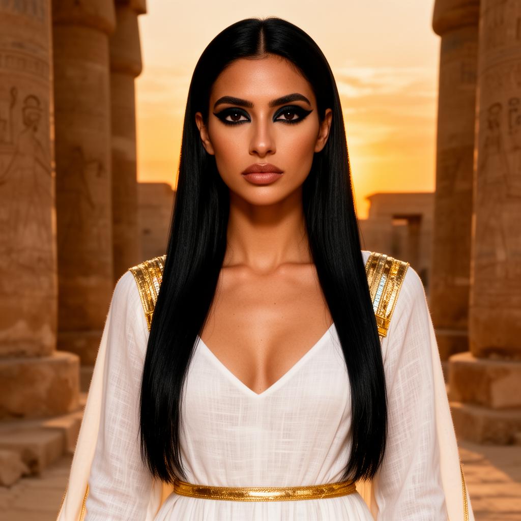 An AI image portrait of a black hair woman with long hair straight hair and dark eyes, with a serious expression