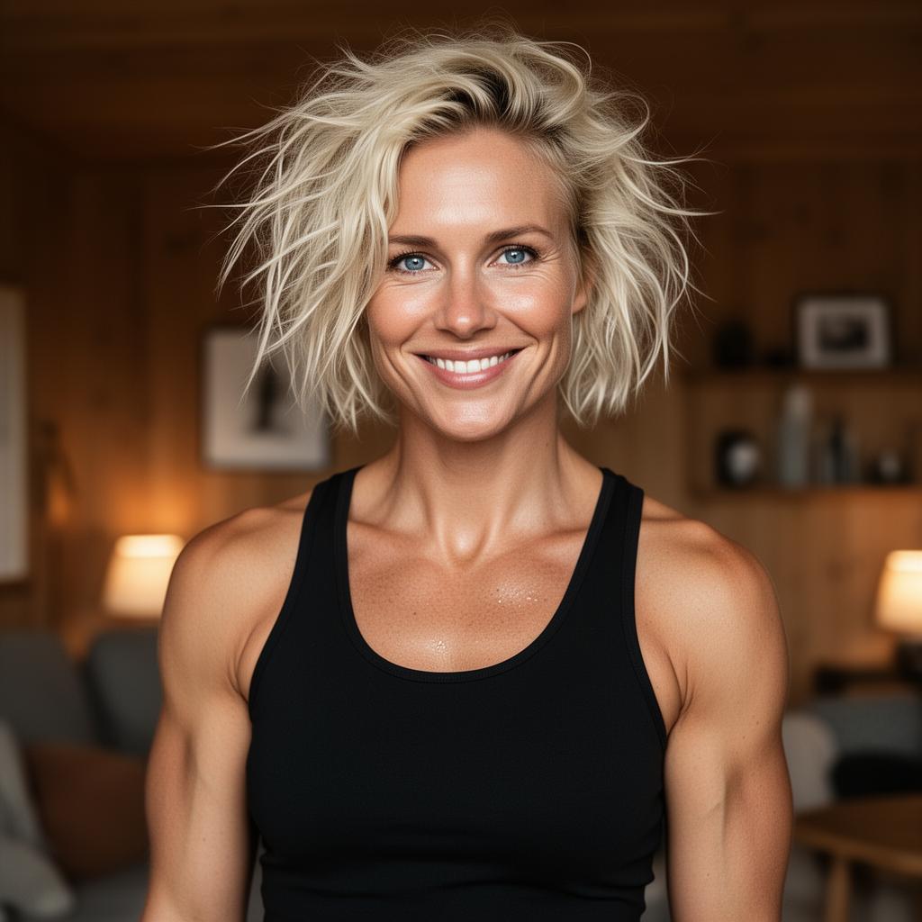 An AI image portrait of a blonde woman with short hair hair and blue eyes, smiling at the camera