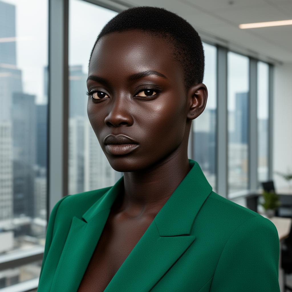 An AI image portrait of a black hair woman with short hair hair and dark eyes, with a serious expression