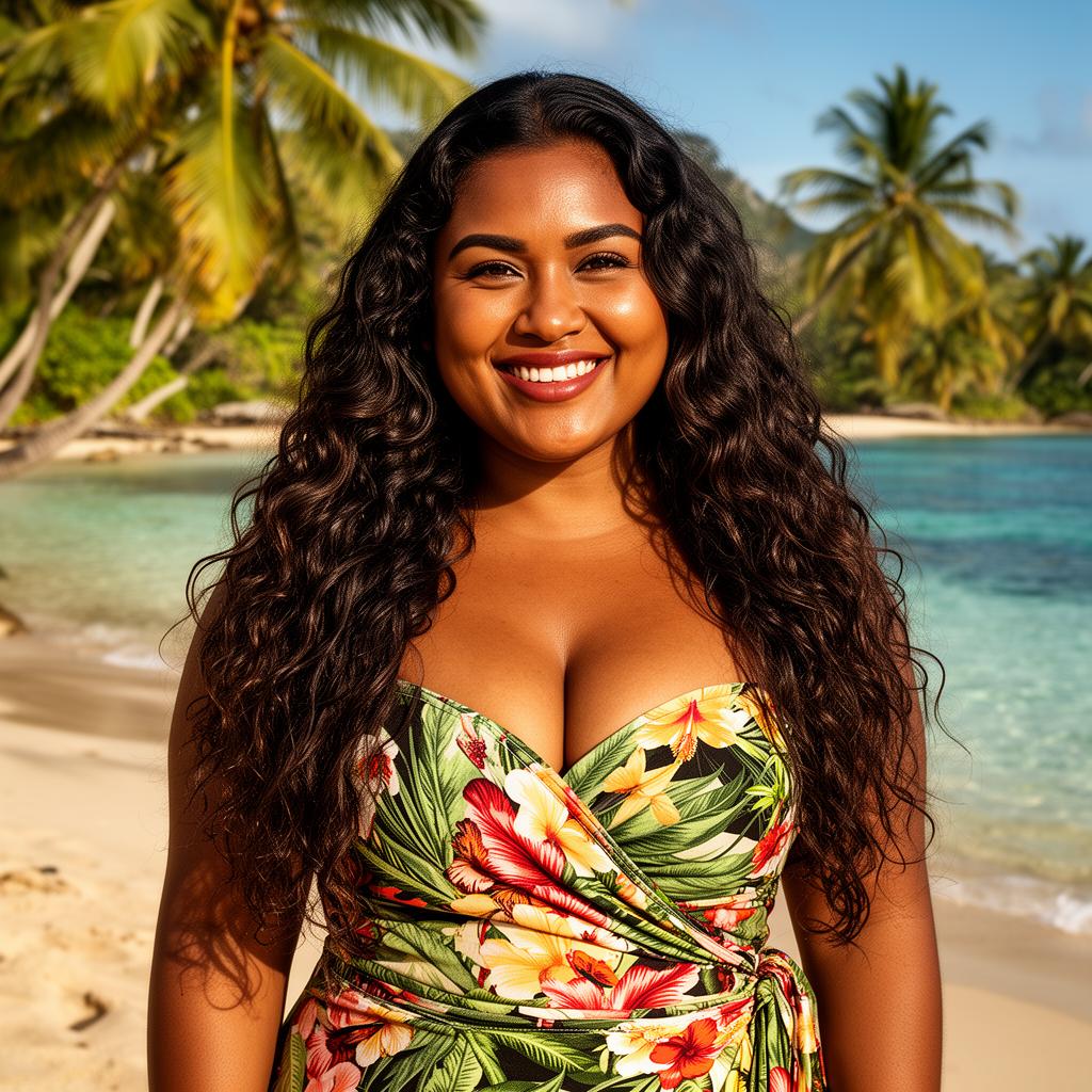 An AI image portrait of a brunette woman with long hair curly hair and brown eyes, smiling at the camera