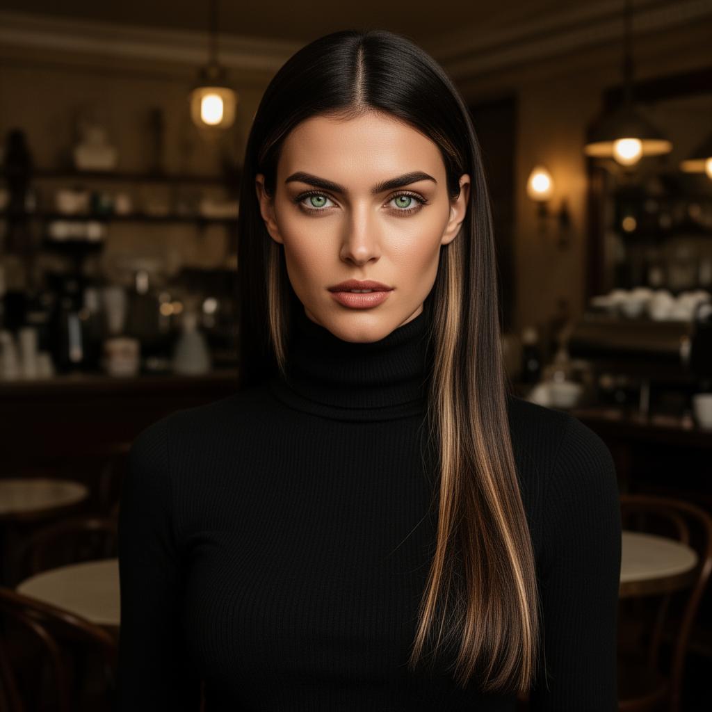 An AI image portrait of a brunette woman with long hair straight hair and green eyes, with a serious expression