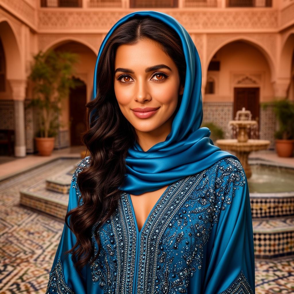 An AI image portrait of a brunette woman with long hair curly hair and brown eyes, smiling at the camera