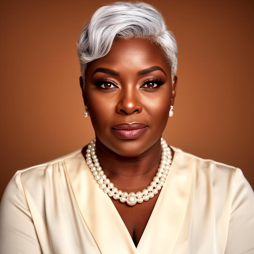 An AI image portrait of a silver or grey woman with straight hair and hazel eyes, looking relaxed