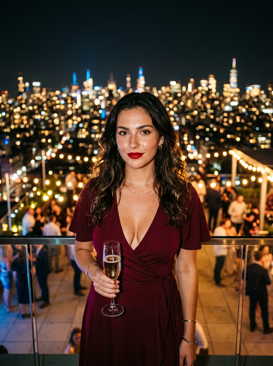 An AI image portrait of a brunette woman with long curly hair and brown eyes, looking confident