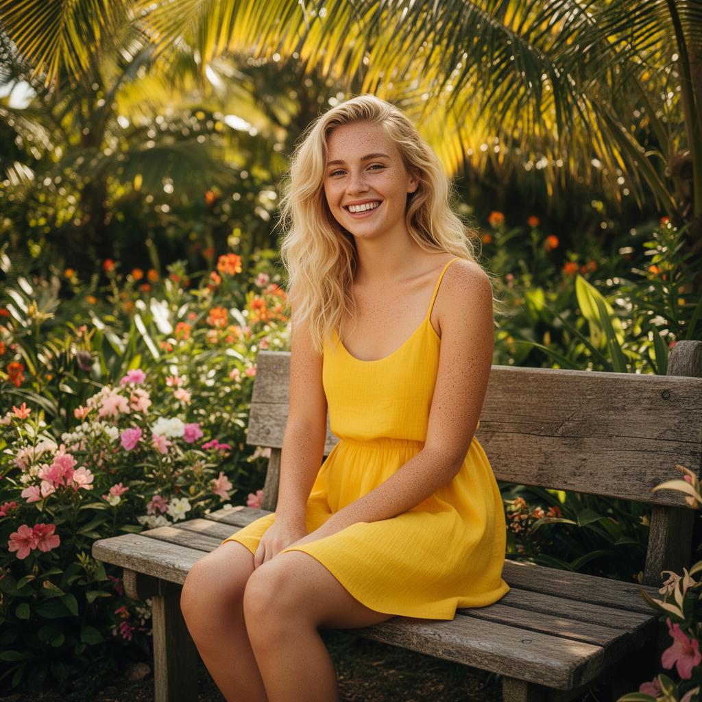 An AI image portrait of a blonde woman with long curly hair and freckles, smiling at the camera