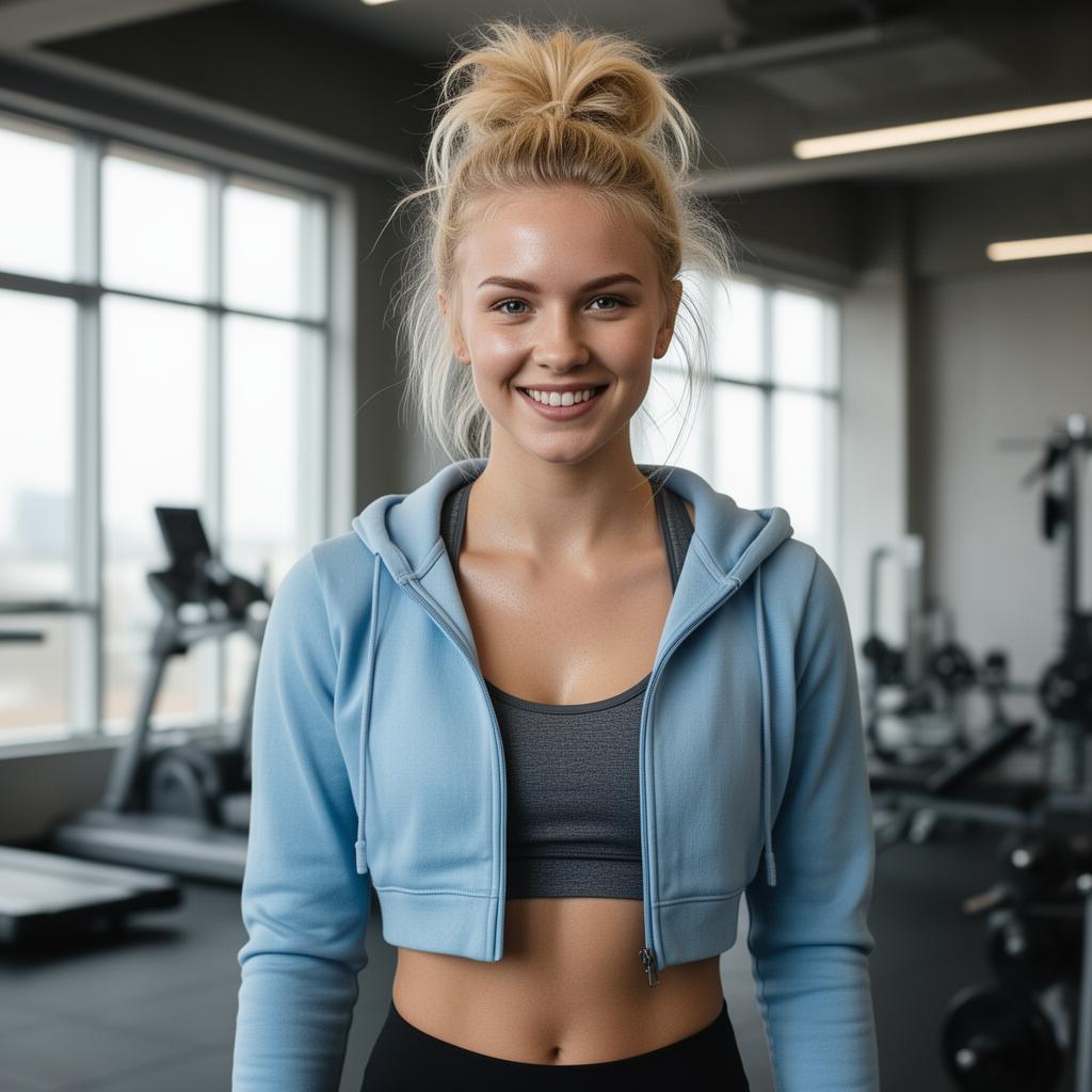 An AI image portrait of a blonde woman with short hair and blue eyes, smiling at the camera