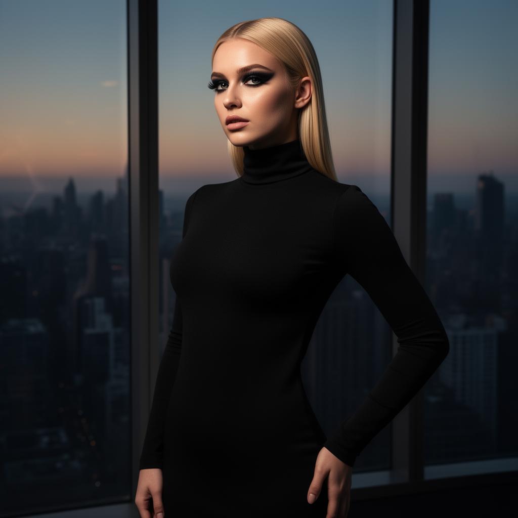 An AI image portrait of a blonde woman with long straight hair, with a serious expression