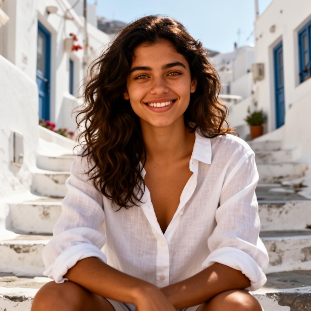 An AI image portrait of a brunette woman with long curly hair and hazel eyes, smiling at the camera