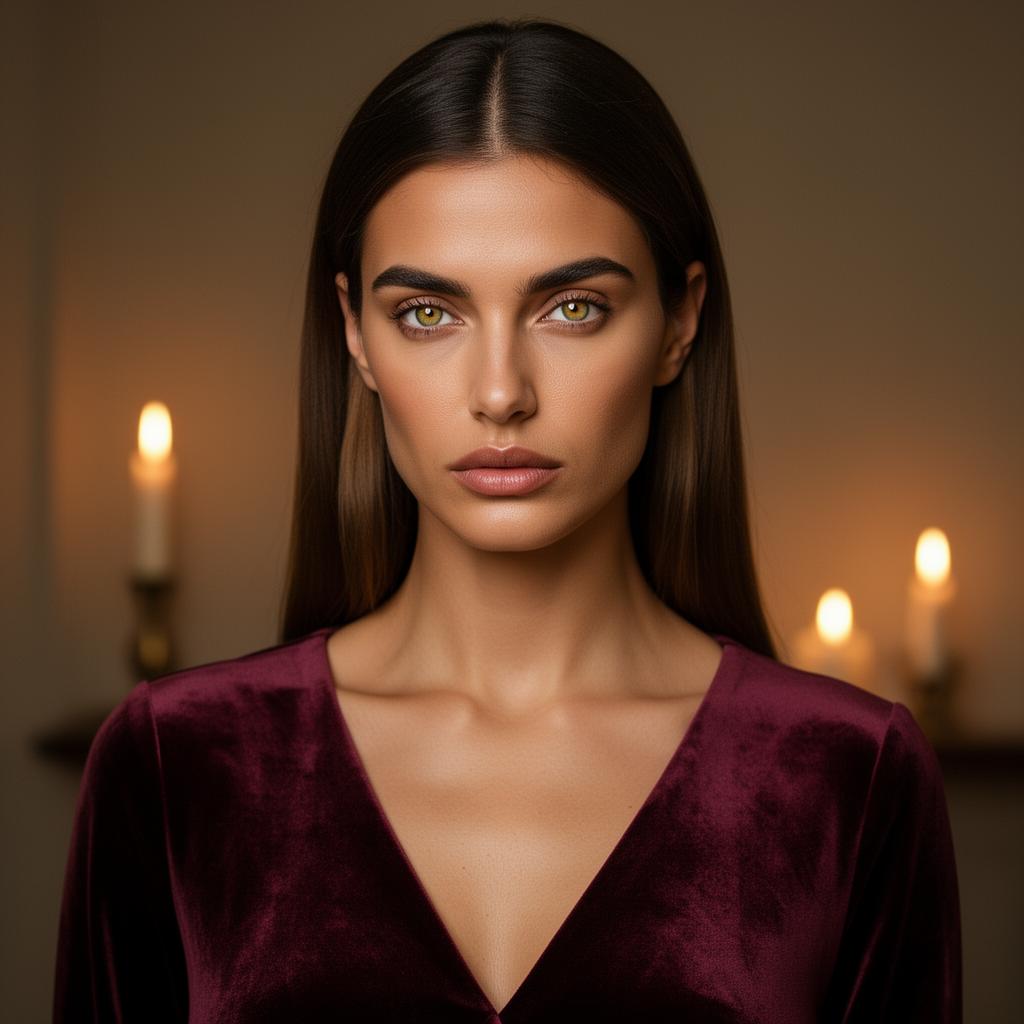 An AI image portrait of a brunette haired woman with long straight hair and green eyes, with an intense gaze