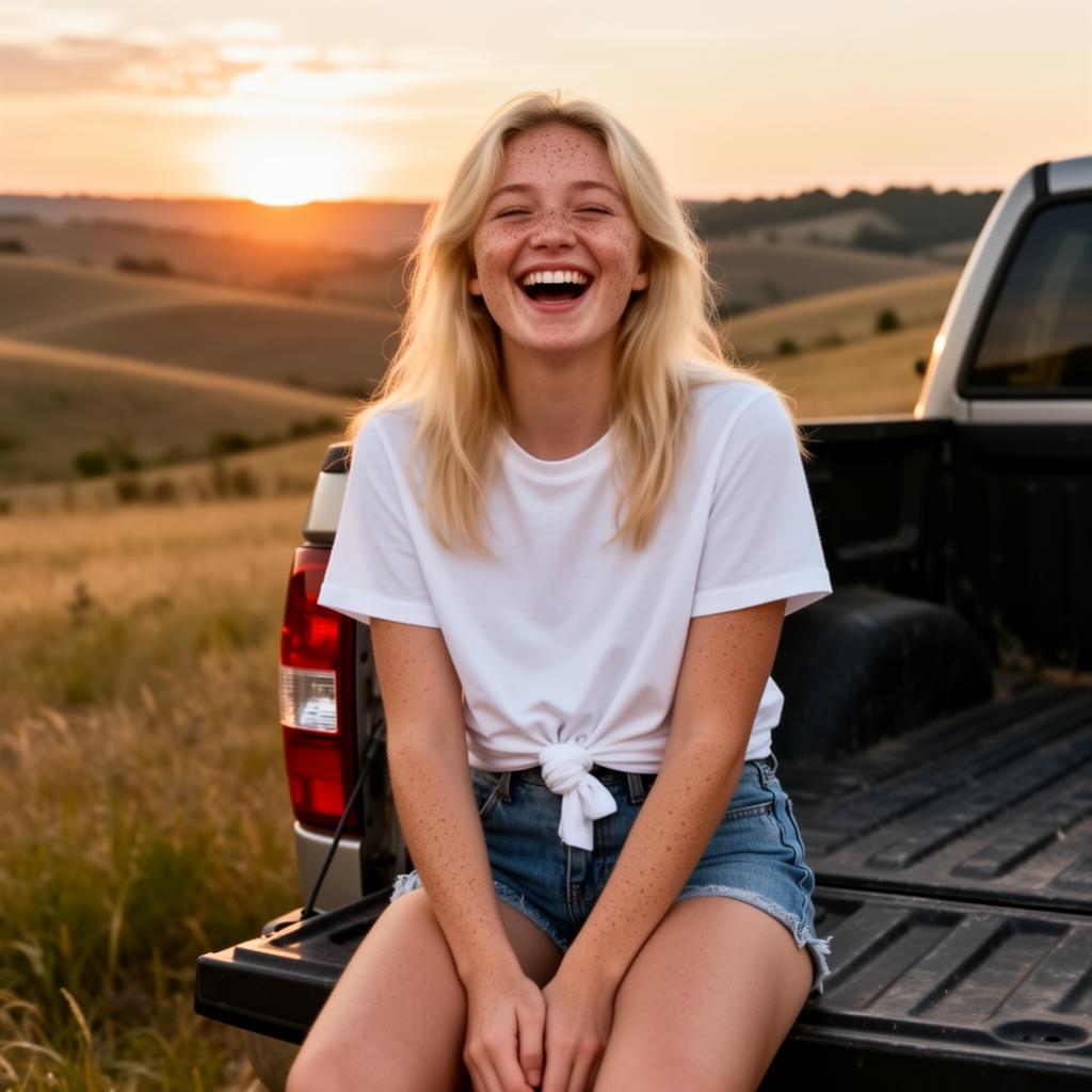 An AI image portrait of a blonde woman with long straight hair and freckles, smiling at the camera
