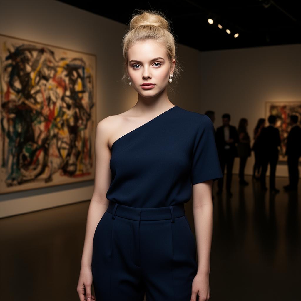 An AI image portrait of a blonde woman with long straight hair and blue eyes, with a serious expression