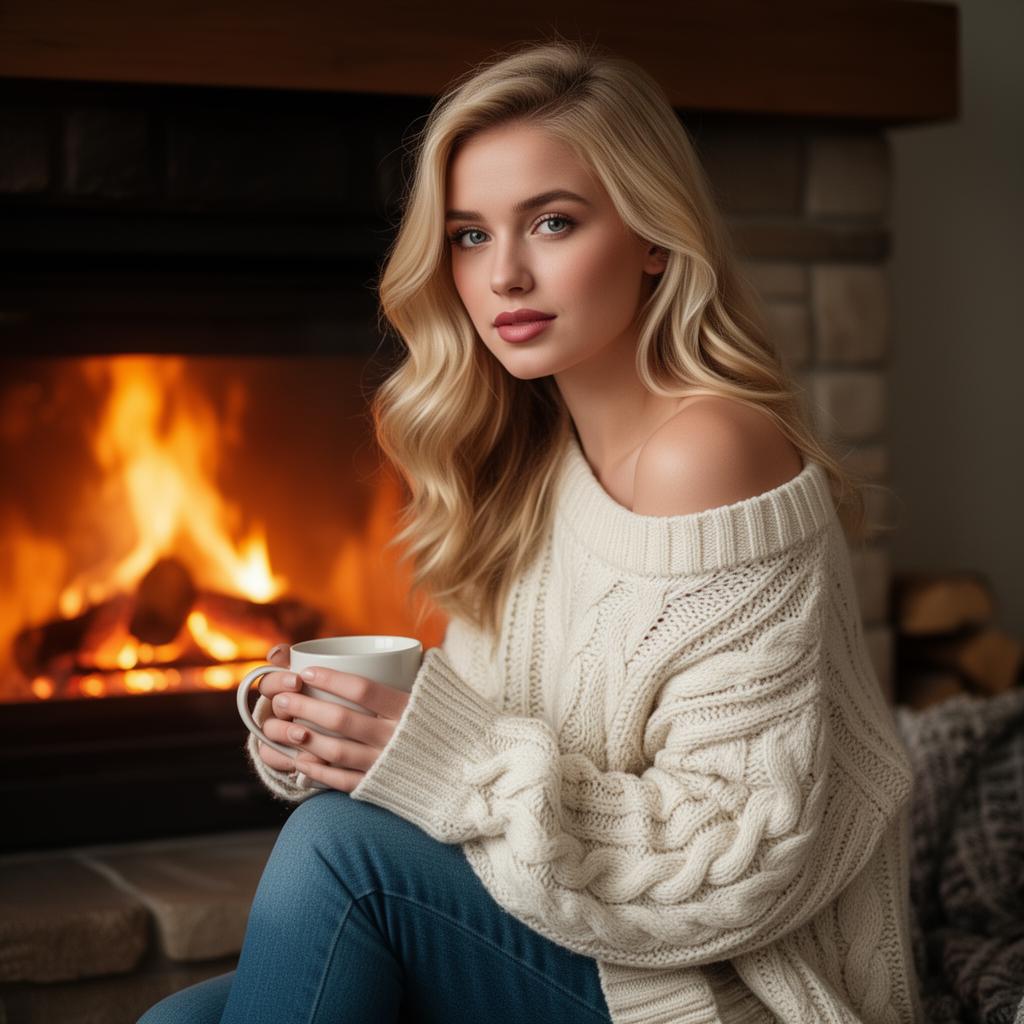 An AI image portrait of a blonde woman with long curly hair and blue eyes, looking relaxed