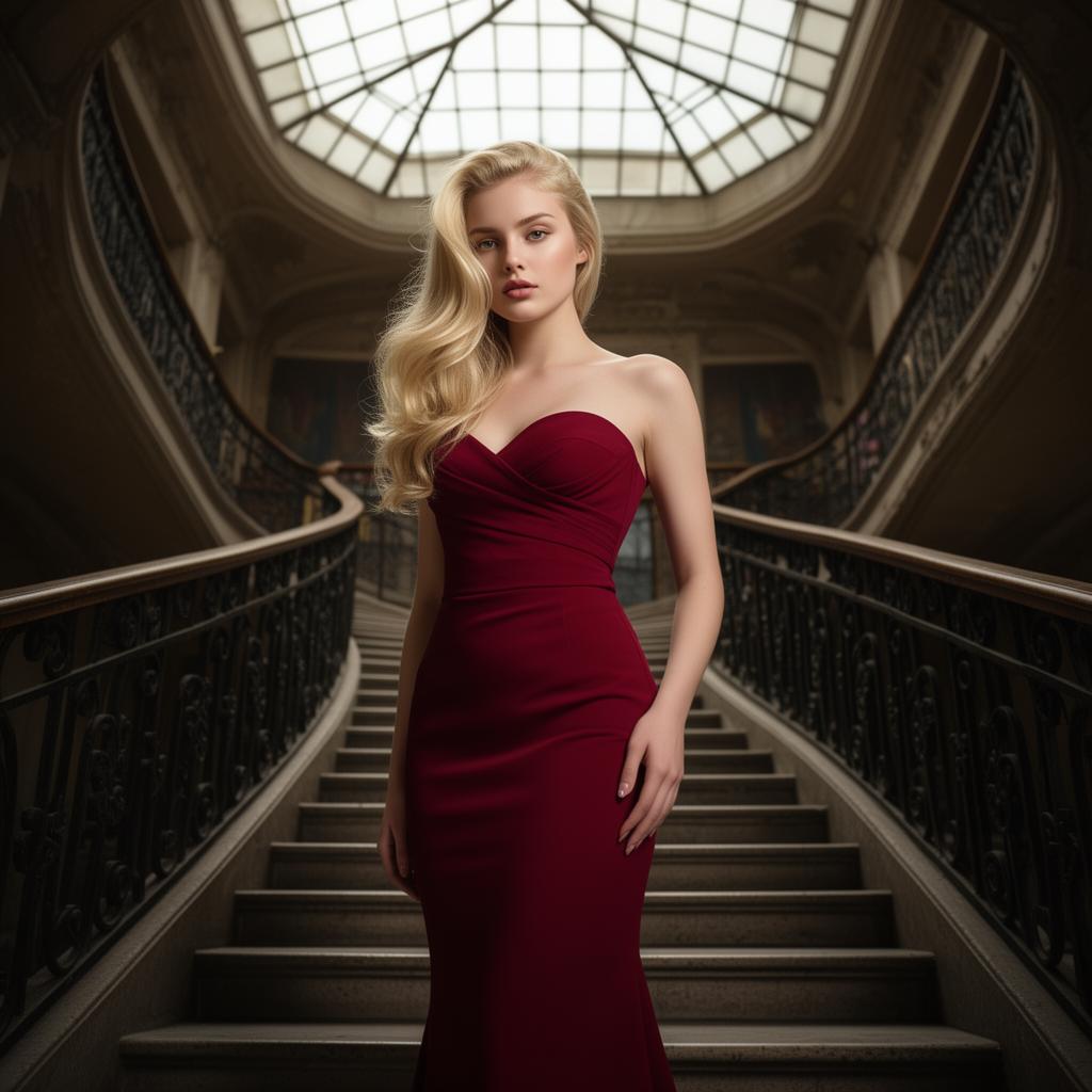 An AI image portrait of a blonde woman with long curly hair, looking confident