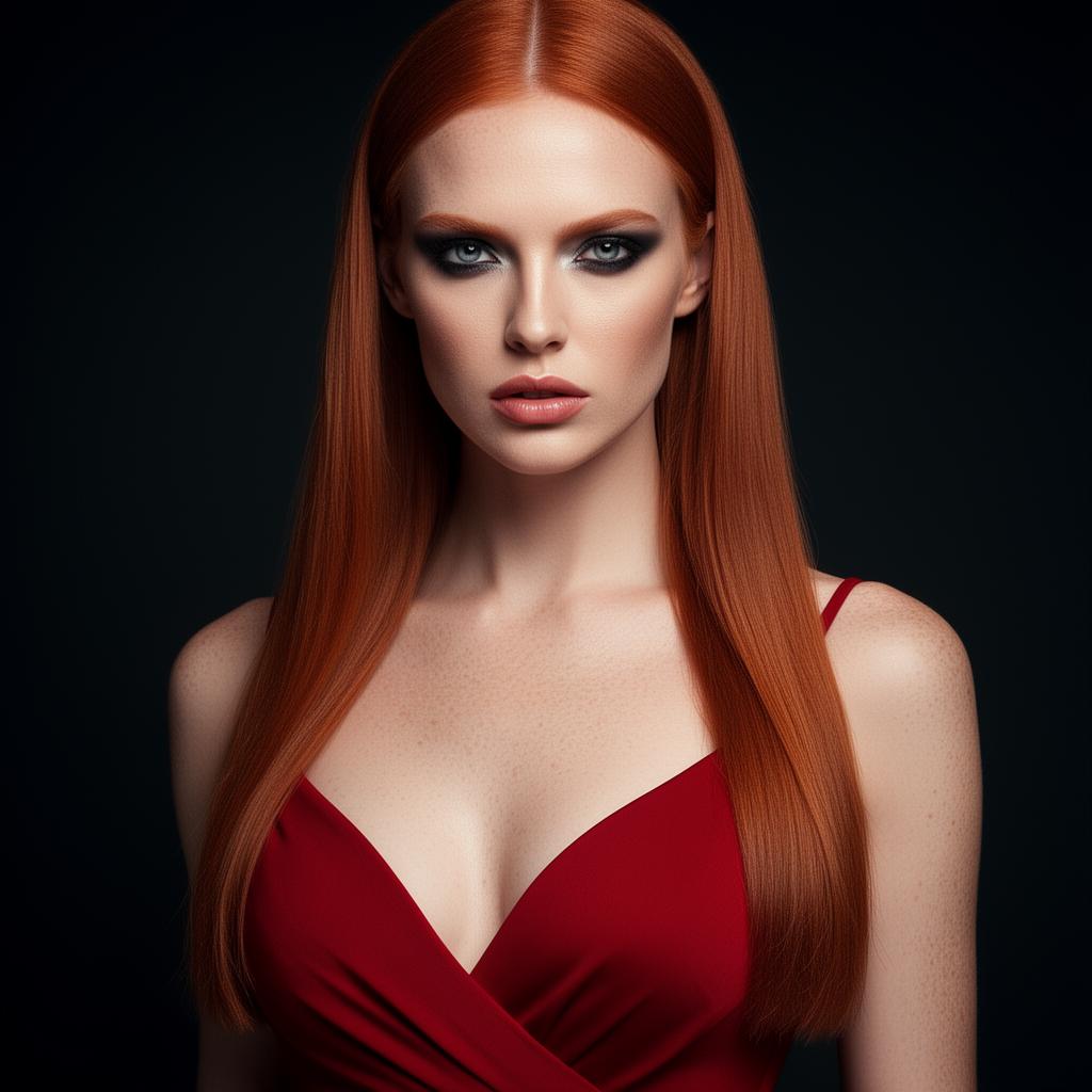 An AI image portrait of a redhead haired woman with long straight hair, dark eyes and freckles, with an intense gaze
