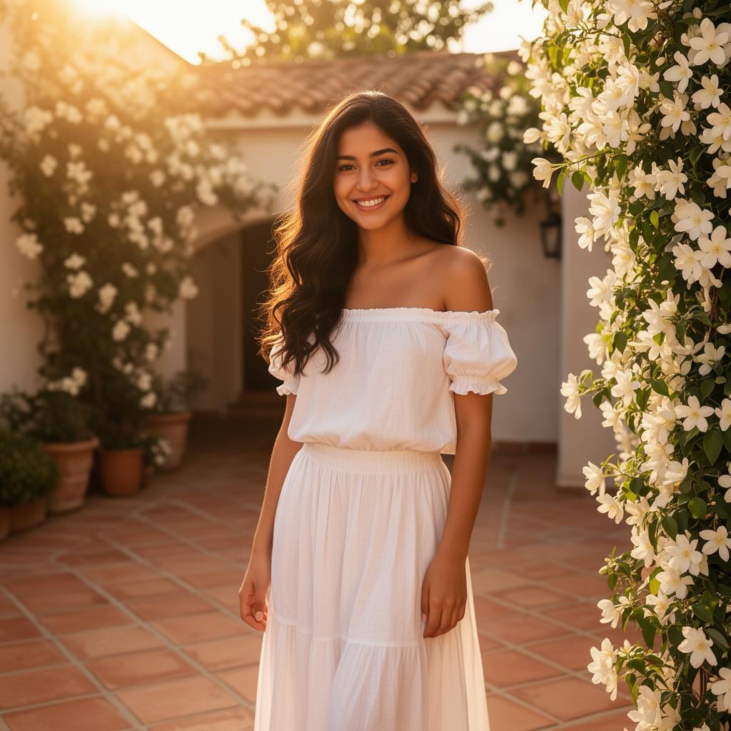 An AI image portrait of a brunette woman with long curly hair and brown eyes, smiling at the camera