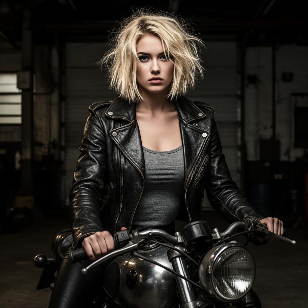 An AI image portrait of a blonde woman with short hair and dark eyes, looking confident