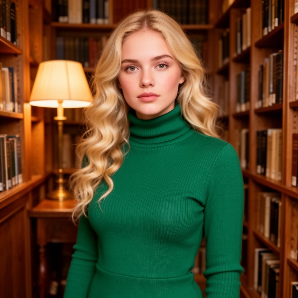 An AI image portrait of a blonde woman with long curly hair, with a serious expression