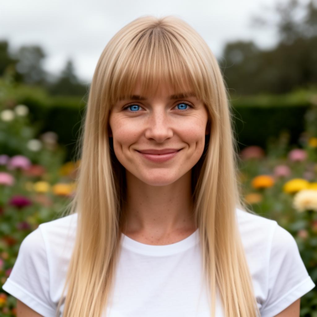 An AI image portrait of a blonde haired woman with long straight hair, blue eyes, freckles and dimples, smiling at the camera