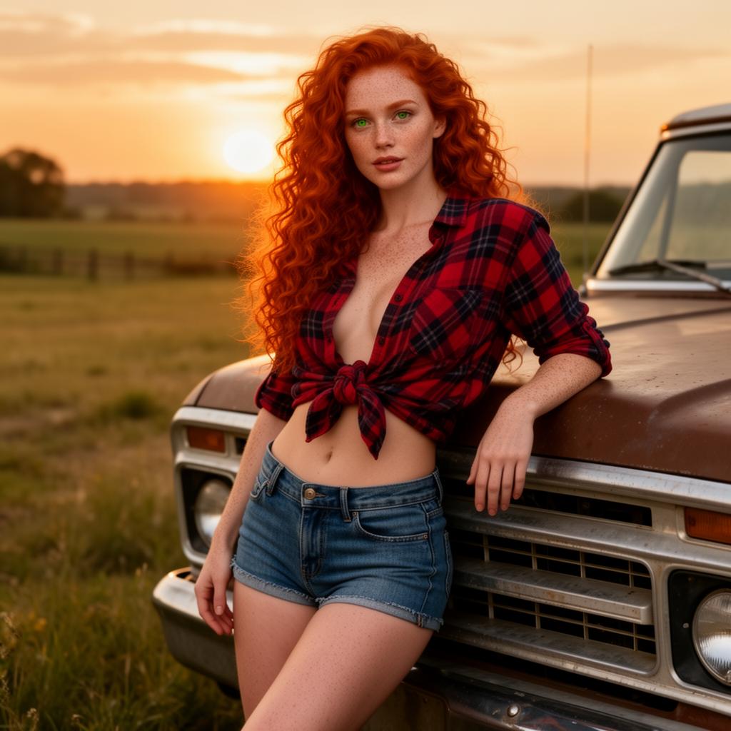 An AI image portrait of a redhead woman with long straight hair, green eyes and freckles, smiling at the camera
