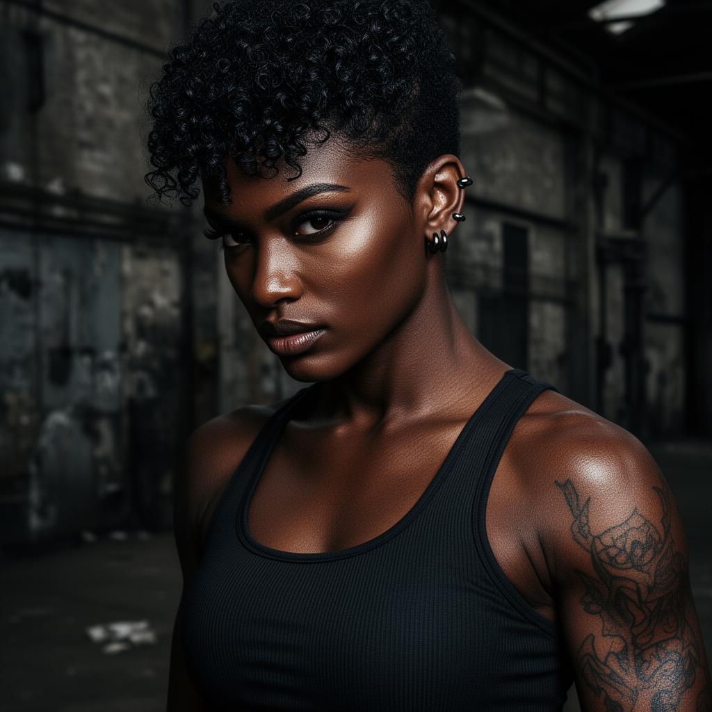 An AI image portrait of a black haired woman with short curly hair, dark eyes, tattoos and piercings, with an intense gaze