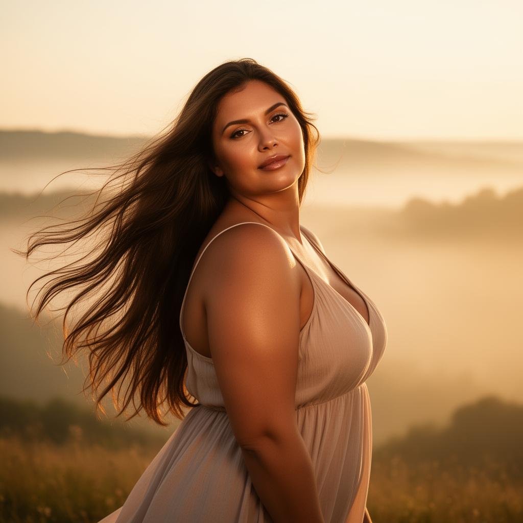 An AI image portrait of a brunette haired woman with long hair and dark eyes, looking relaxed