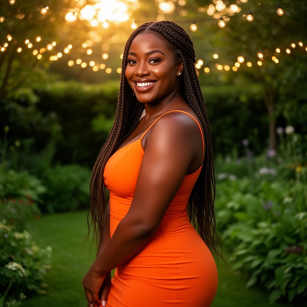 An AI image portrait of a black woman with long straight hair and dark eyes, looking relaxed
