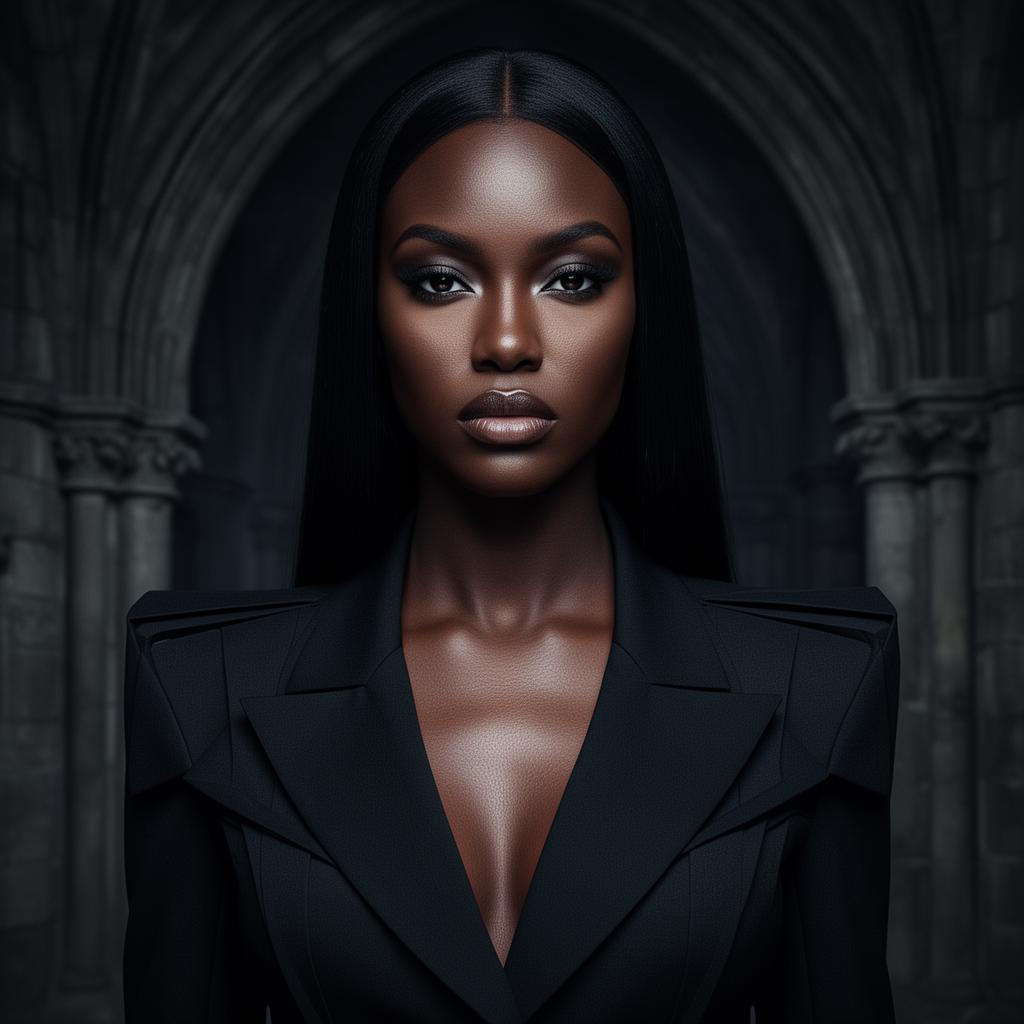 An AI image portrait of a black haired woman with long straight hair and dark eyes, with an intense gaze