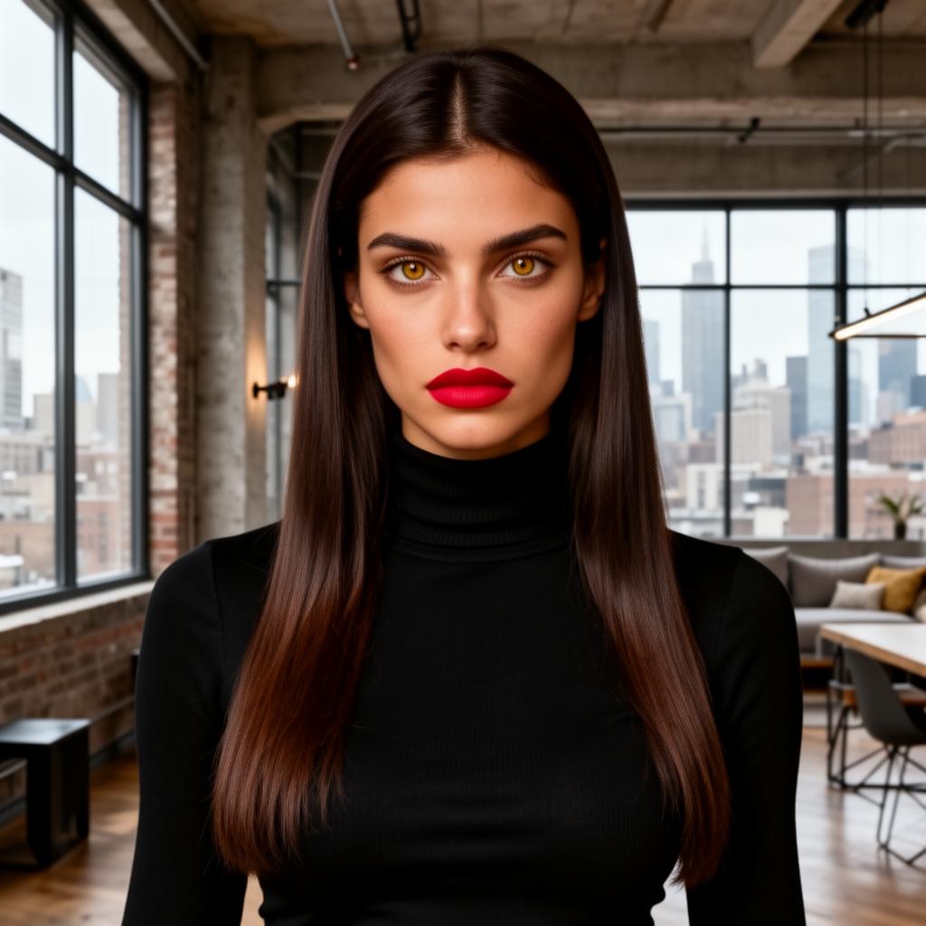 An AI image portrait of a brunette woman with long curly hair and dark eyes, with an intense gaze