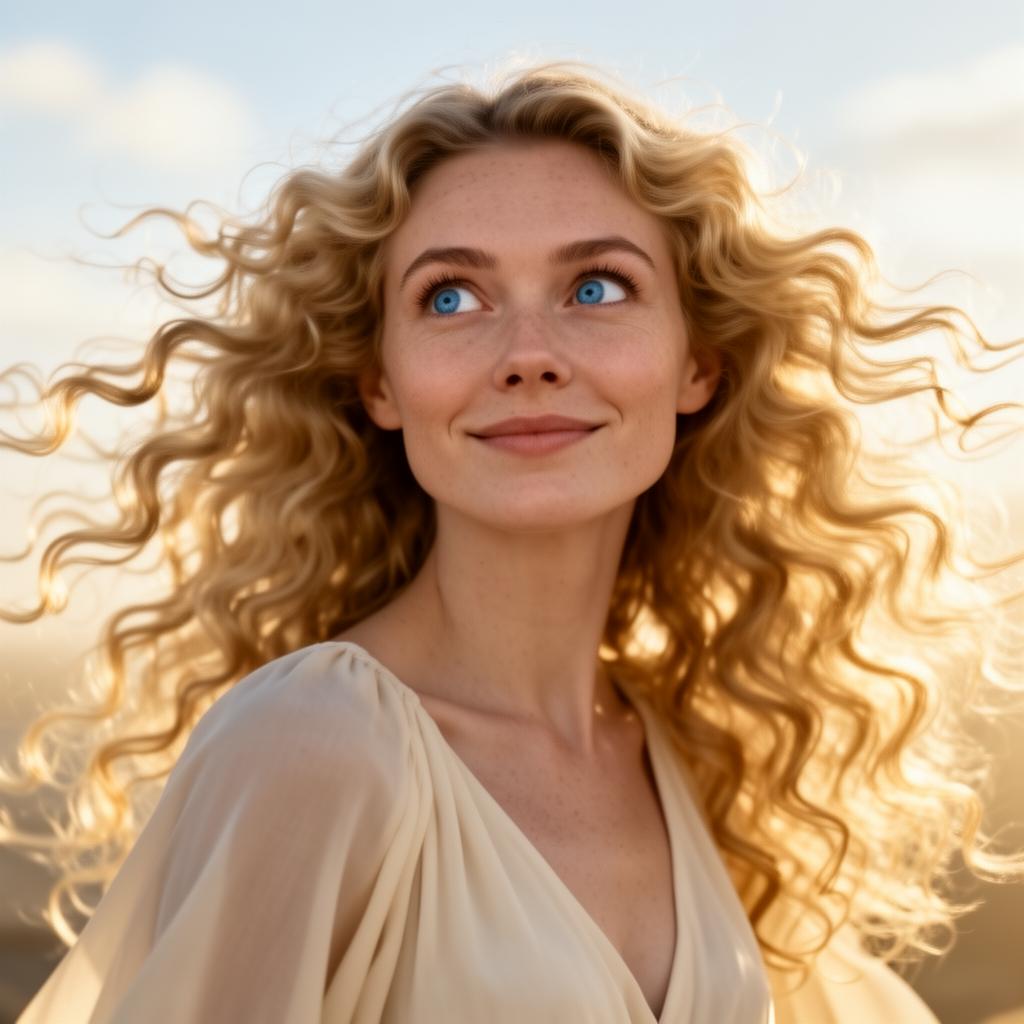 An AI image portrait of a blonde haired woman with long curly hair, blue eyes and freckles, smiling at the camera