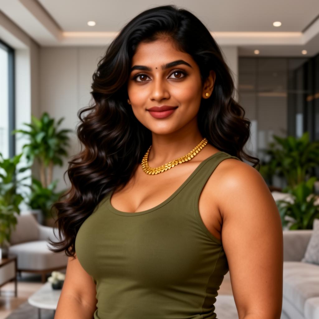 An AI image portrait of a brunette woman with long curly hair and hazel eyes, smiling at the camera