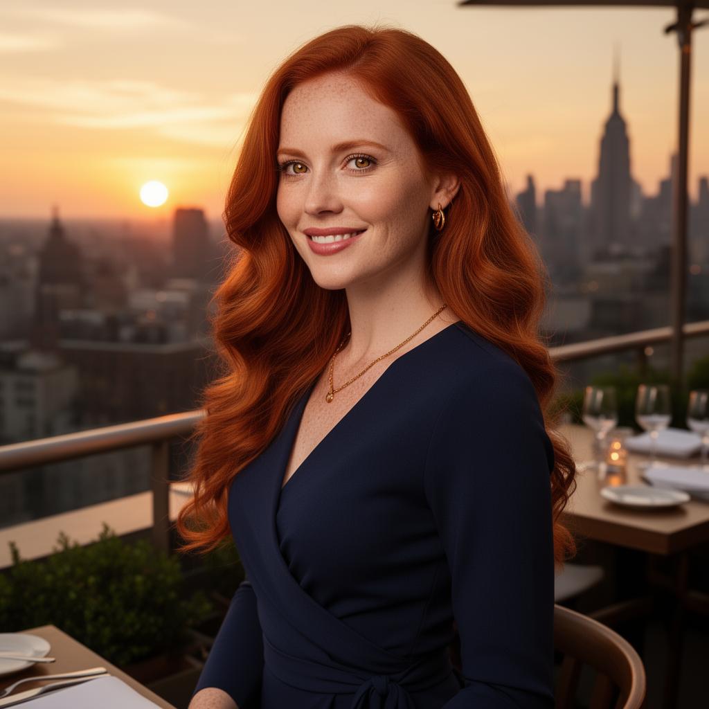 An AI image portrait of a redhead woman with long curly hair, green eyes and freckles, smiling at the camera