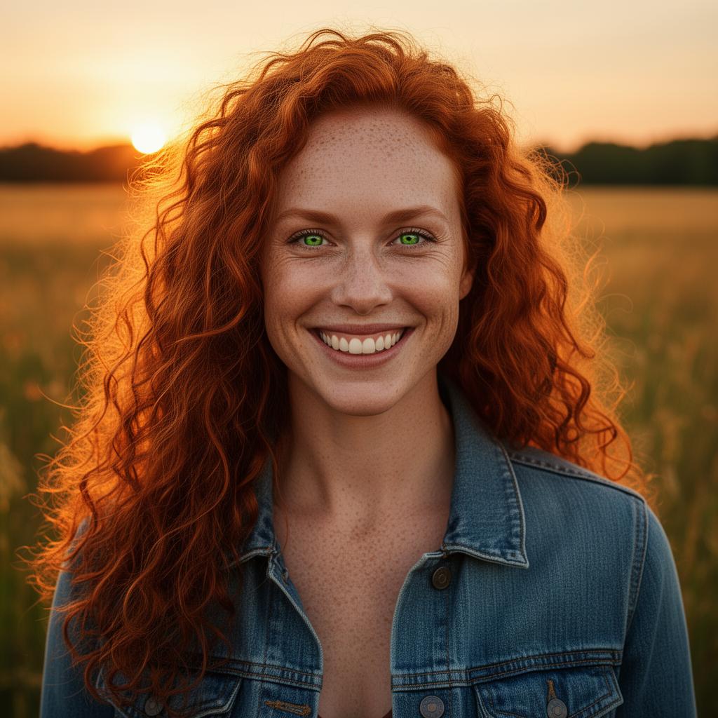 An AI image portrait of a redhead haired woman with long curly hair, green eyes and freckles, smiling at the camera