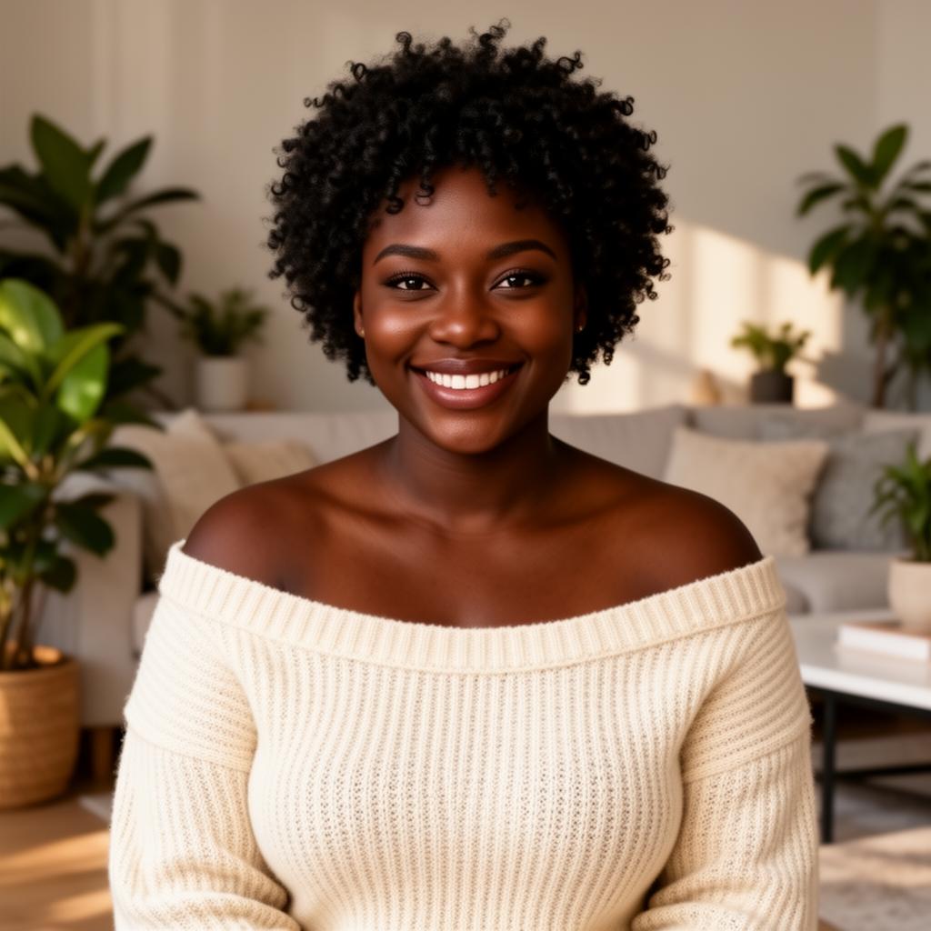 An AI image portrait of a blonde woman with long straight hair and blue eyes, looking relaxed