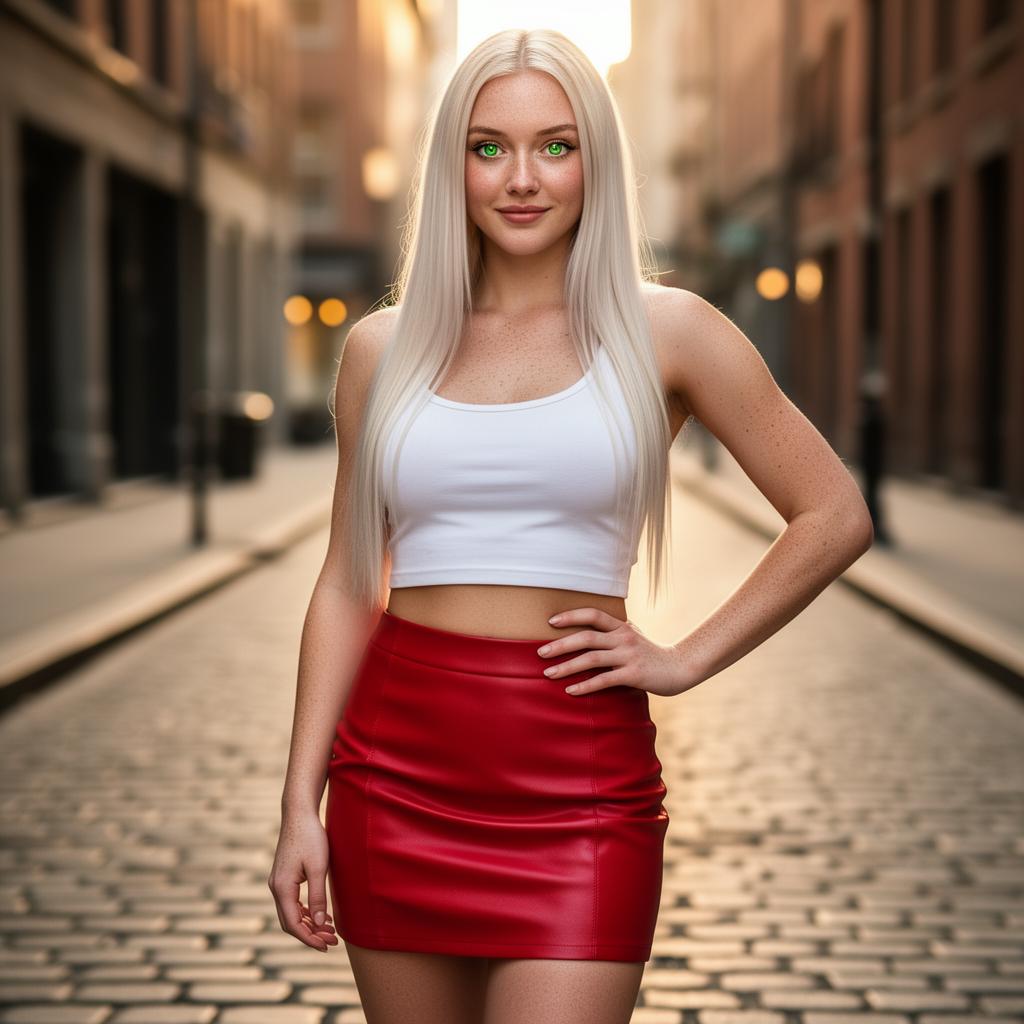 An AI image portrait of a blonde haired woman with long straight hair, green eyes and freckles, looking confident