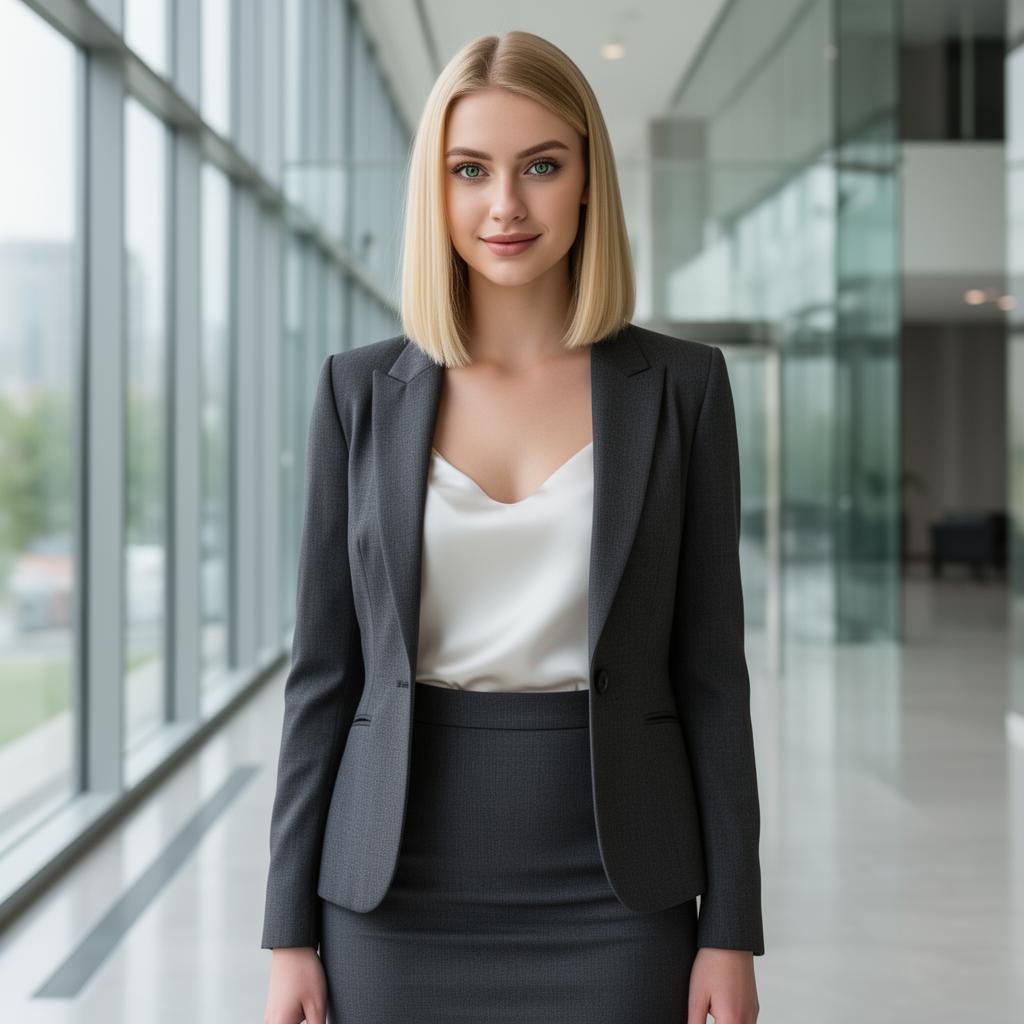 An AI image portrait of a blonde haired woman with short straight hair and green eyes, looking confident
