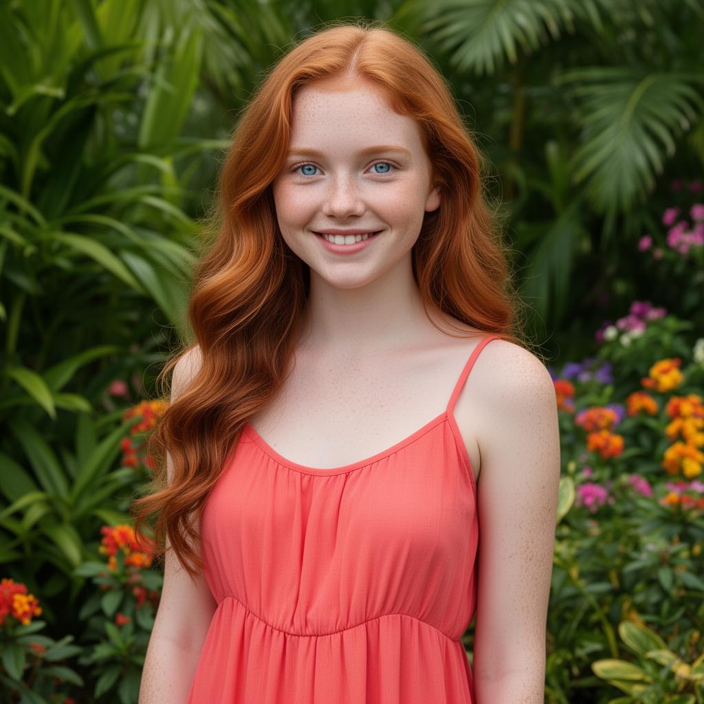 An AI image portrait of a redhead haired woman with long hair, blue eyes, freckles and dimples, smiling at the camera