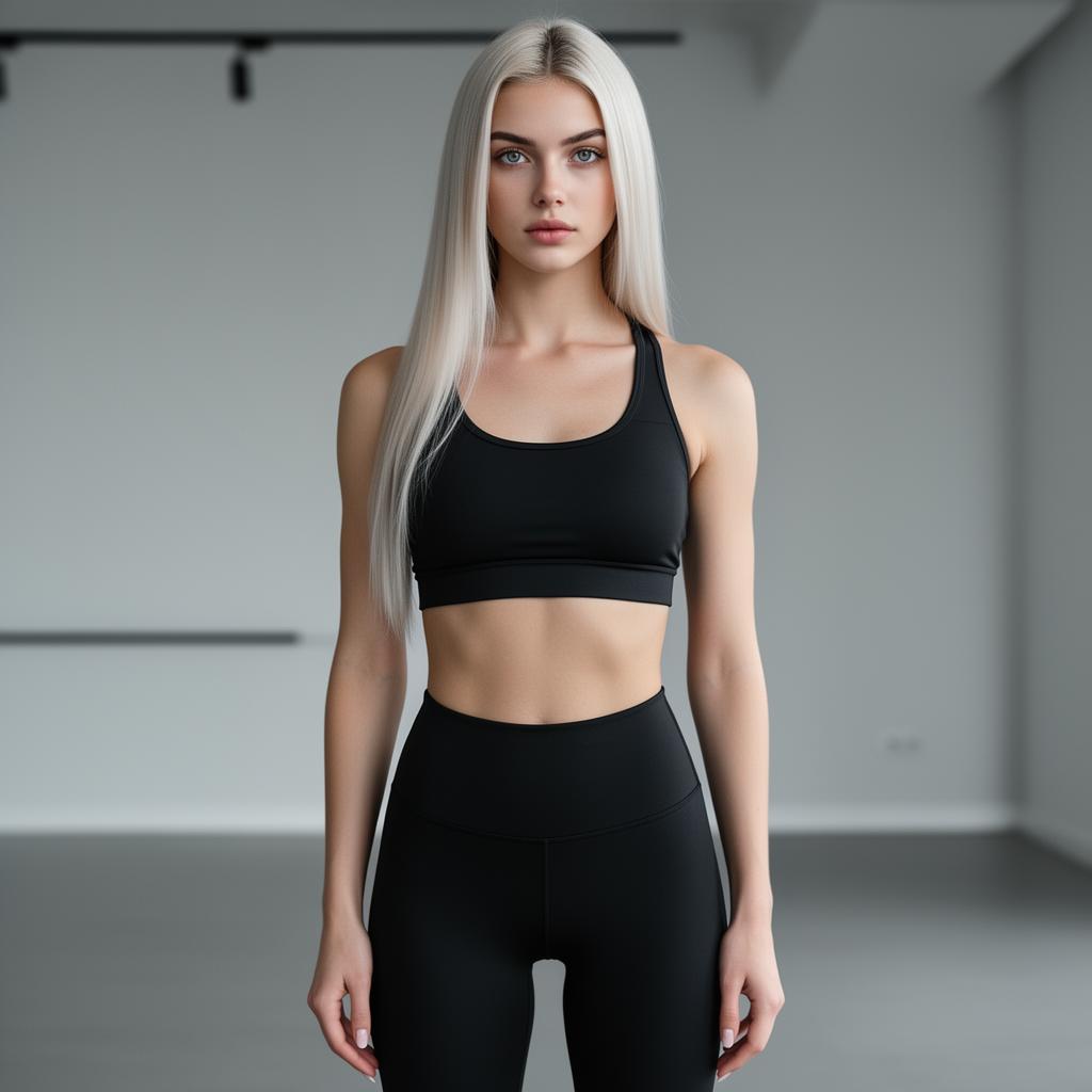 An AI image portrait of a blonde haired woman with long straight hair and green eyes, with a serious expression