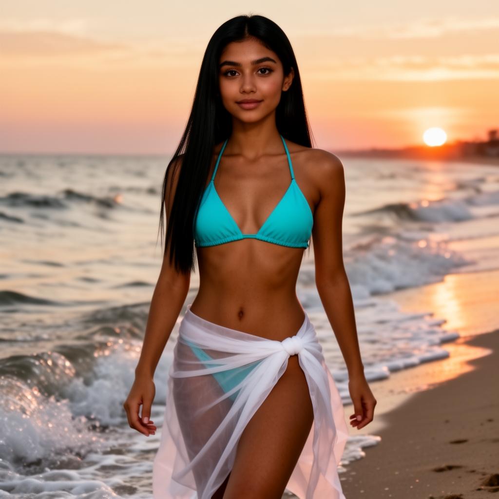 An AI image portrait of a black haired woman with long straight hair and dark eyes, looking relaxed