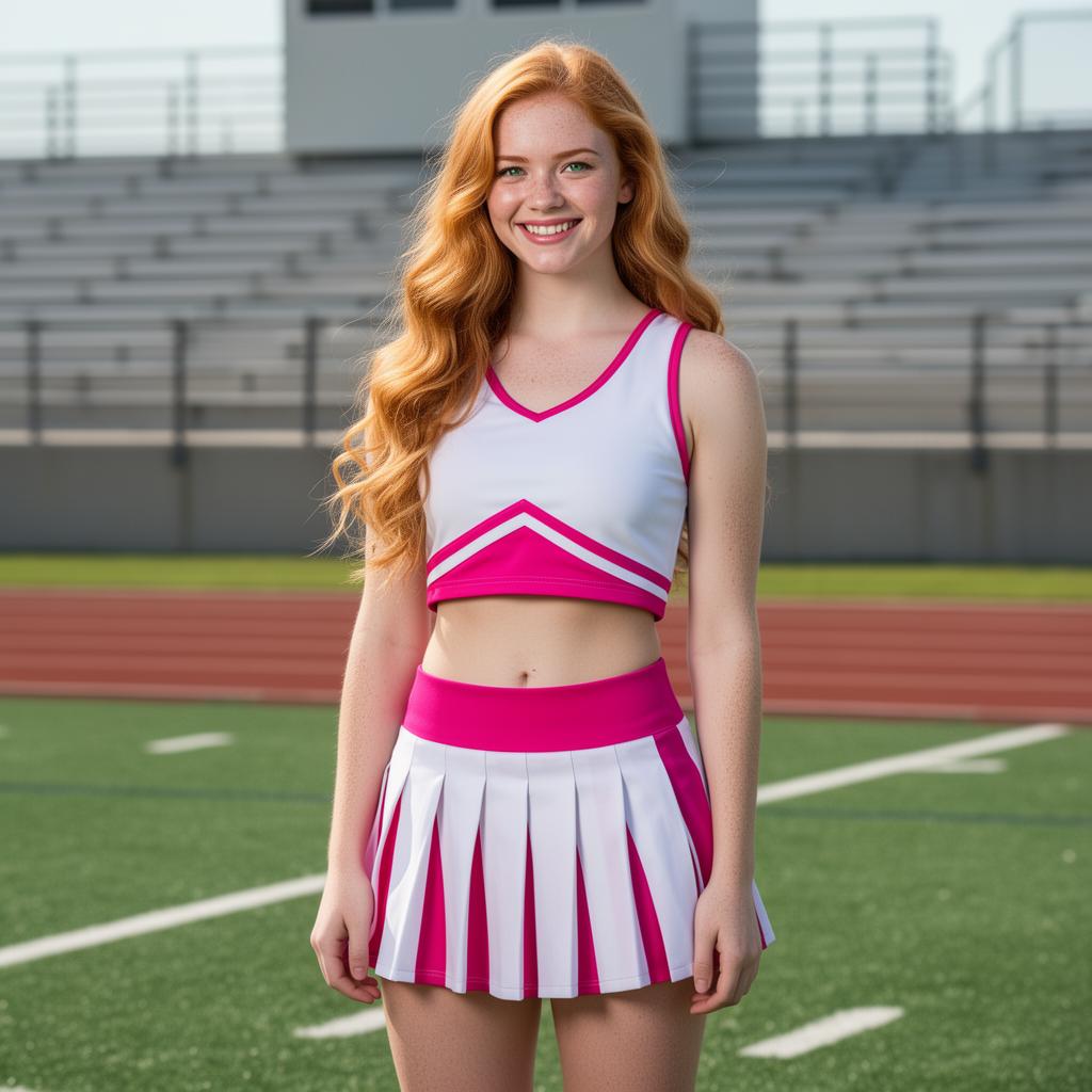 An AI image portrait of a redhead haired woman with long hair, green eyes, freckles and dimples, smiling at the camera