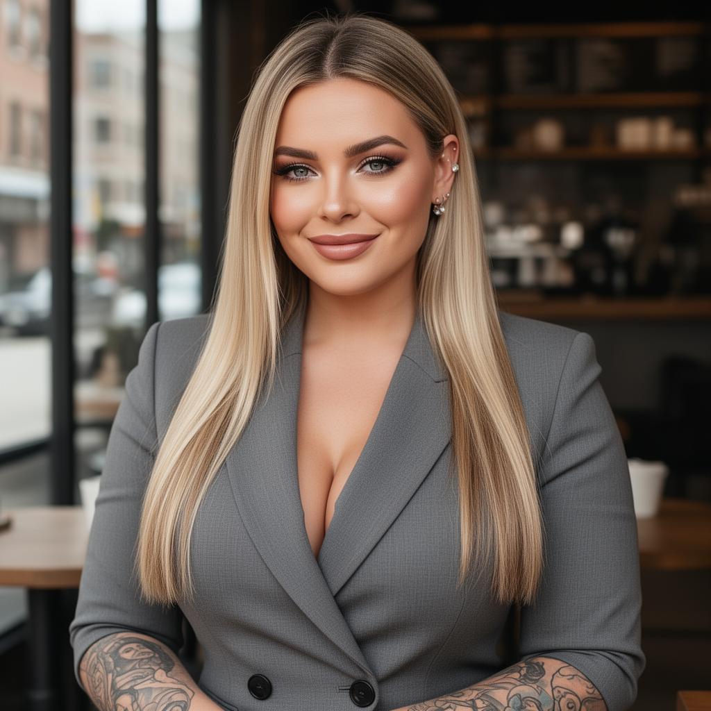 An AI image portrait of a blonde haired woman with long straight hair, blue eyes, tattoos and piercings, smiling at the camera