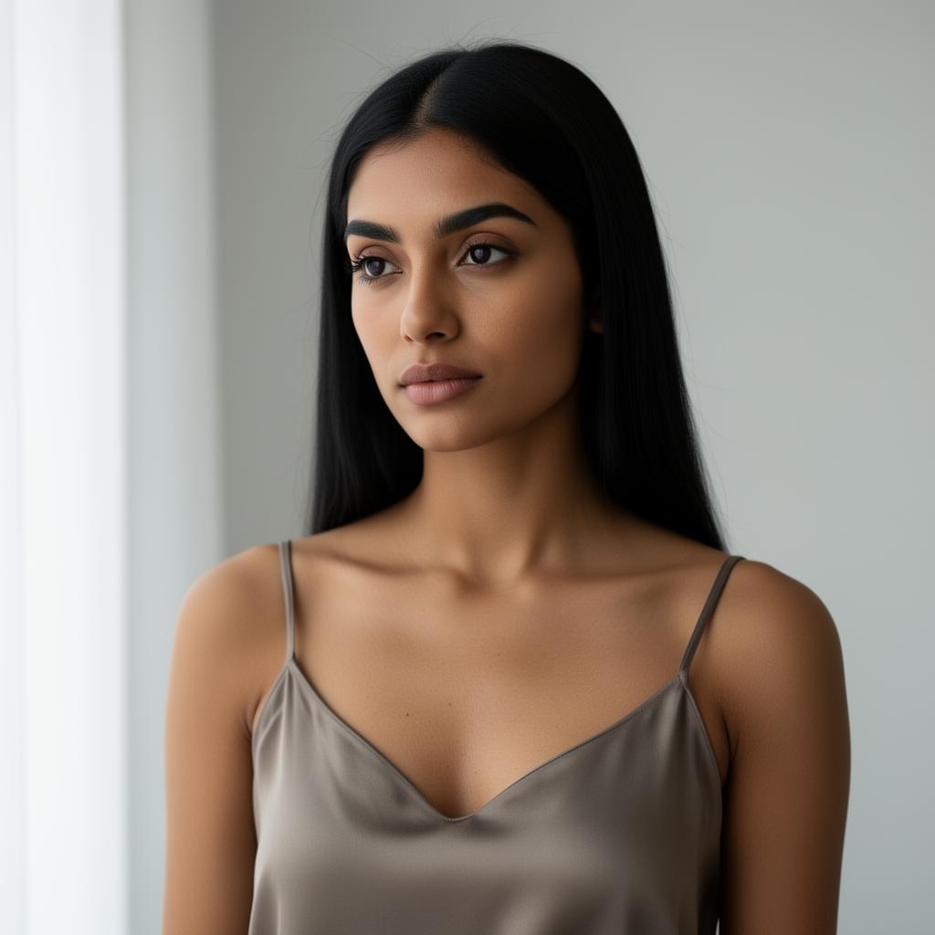 An AI image portrait of a black haired woman with long straight hair and dark eyes, with a serious expression